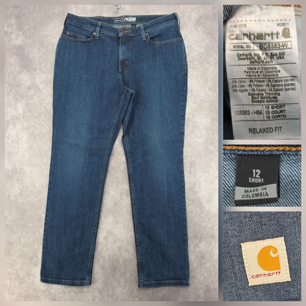 Carhartt Relaxed Fit Jeans Womens 12 Short Dark Wash Straight Leg Denim 105383